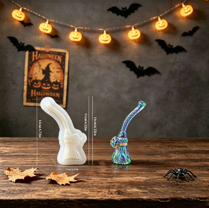 Witch Skull with Crooked Head Magic Broom Half-Relief Resin Mold