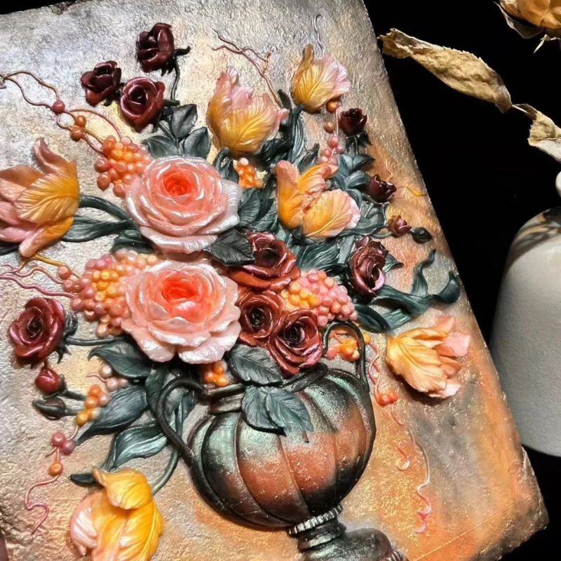 Jarrón de resina con diseño de ramo de tulipanes y rosas en relieve, hecho a mano, para colgar en la pared