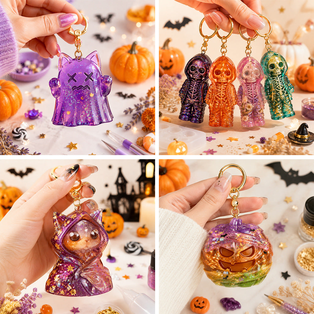 4pcs Cat Ghost & Pumpkin Cloak Cat Skeleton Figurine Resin Mold
