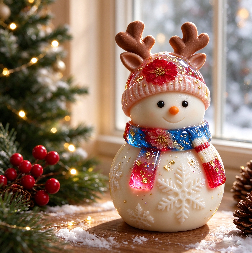 Snowman Figurine Resin Mold with Reindeer Antler Hat