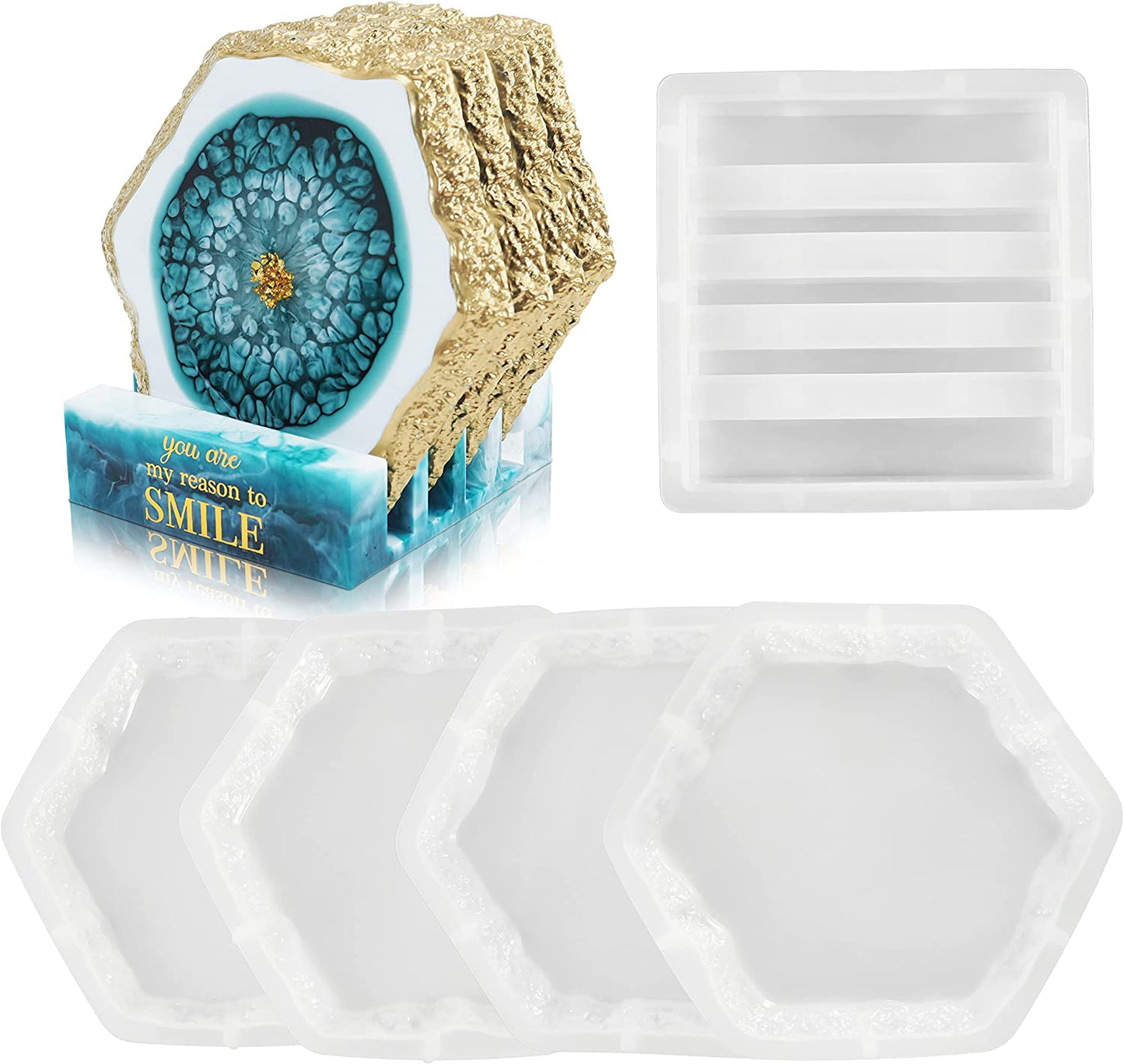 Juego de 4 moldes de resina para posavasos con forma de corazón, hexágono y geoda