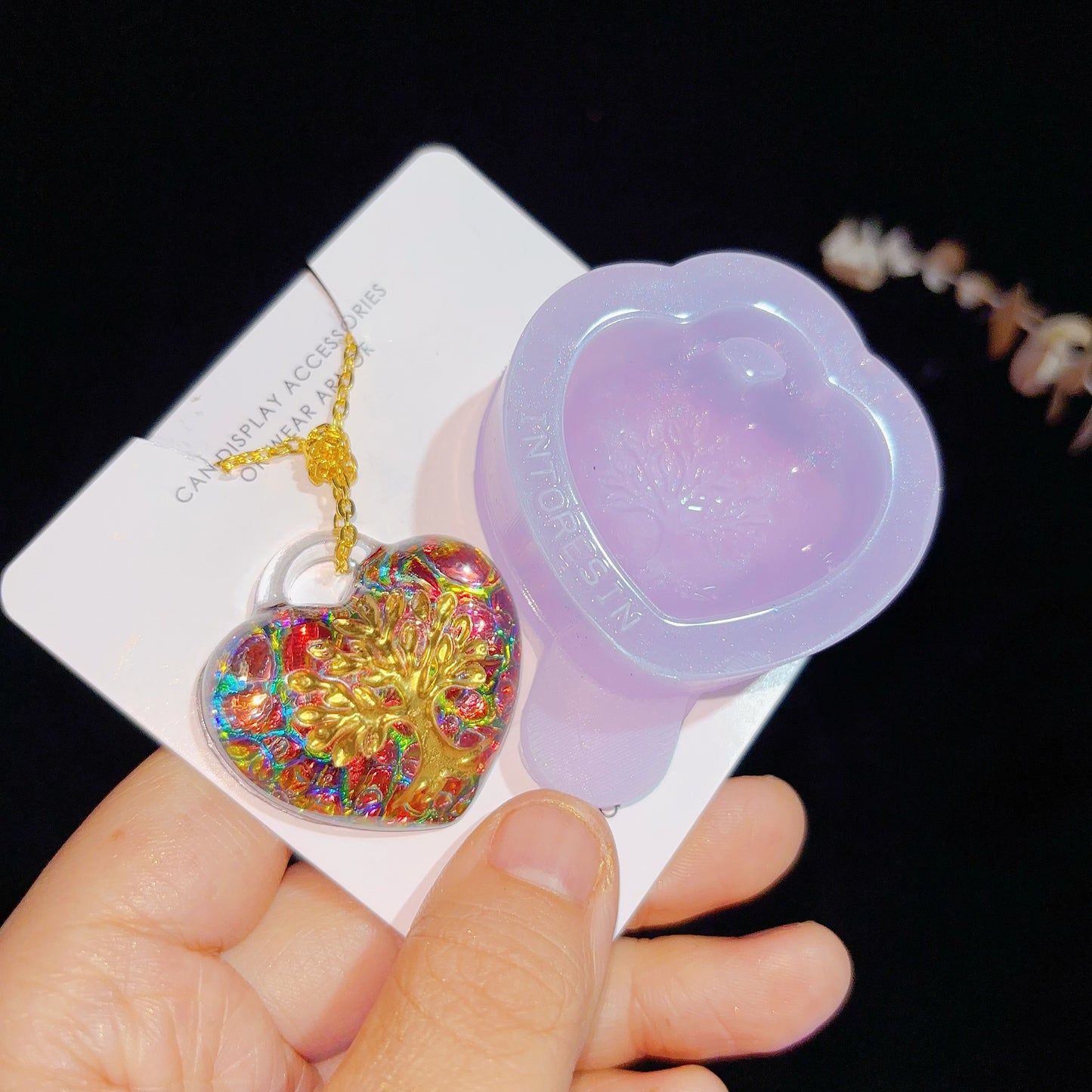 Handmade Puffy Heart-Shaped Tree of Life Necklace with Hole Resin Mold