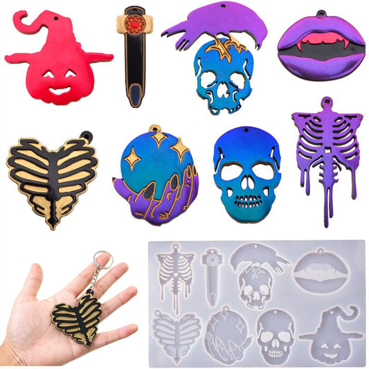 DIY Epoxy Resin Crystal Halloween Finger Skull And Skull Lips Mirror Mold