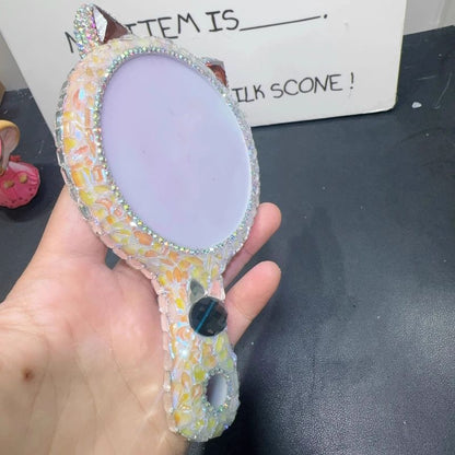 Molde de resina para espejo de mano con forma de oreja de gato de diamante hecho a mano. Tamaño de la lente: 7,5 cm. 