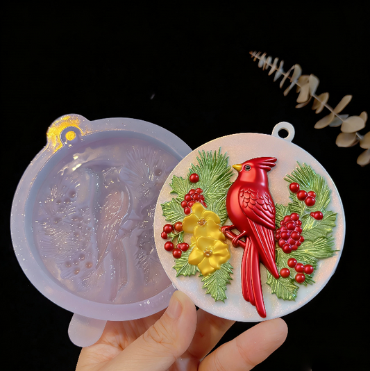 Handmade Red Cardinal Holly Christmas Round Ornament Resin Mold