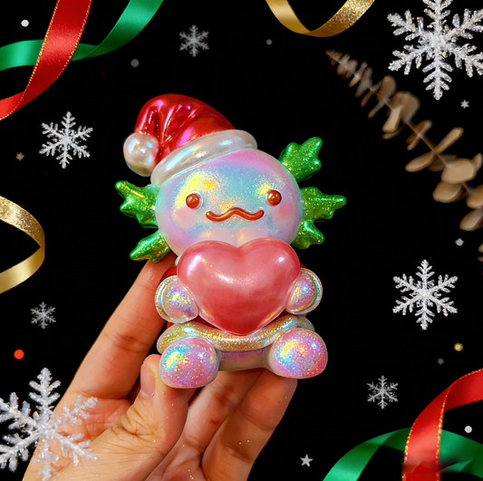 Handmade Christmas Hat-Wearing Large Axolotl Holding a Heart Ornament Resin Mold