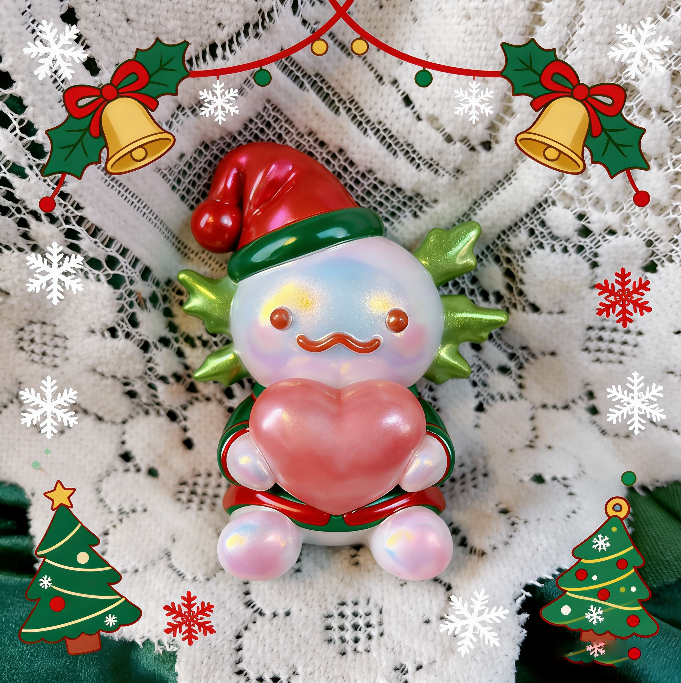 Handmade Christmas Hat-Wearing Large Axolotl Holding a Heart Ornament Resin Mold