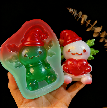 Handmade Christmas Hat-Wearing Large Axolotl Holding a Heart Ornament Resin Mold