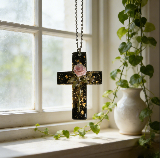 Handmade Rose Cross Pendant Resin Mold