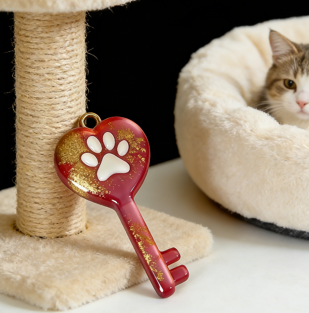Handmade Heart Lock Key with Paw Print Resin Mold