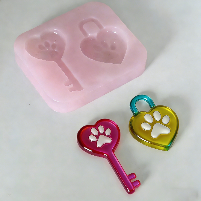 Handmade Heart Lock Key with Paw Print Resin Mold