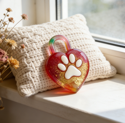 Handmade Heart Lock Key with Paw Print Resin Mold