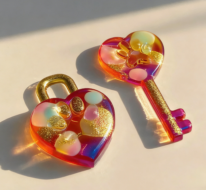 Handmade Heart Lock Key with Paw Print Resin Mold