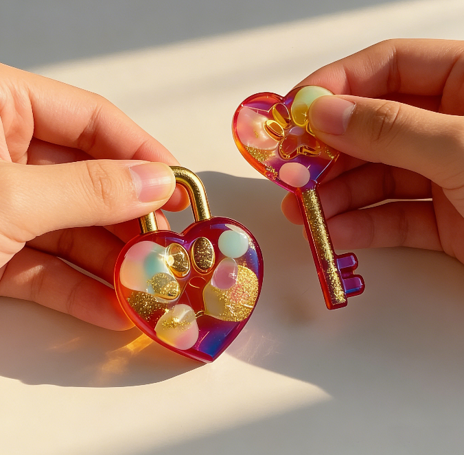 Handmade Heart Lock Key with Paw Print Resin Mold