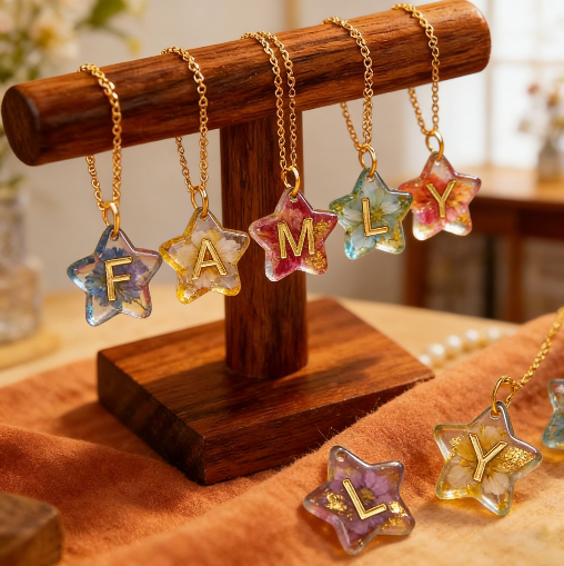 26-Letter Star Pendant with Hole Resin Mold & 10pcs Keyring Accessories