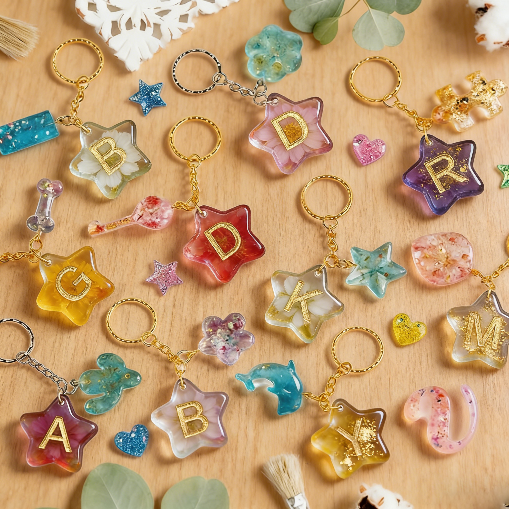 26-Letter Star Pendant with Hole Resin Mold & 10pcs Keyring Accessories