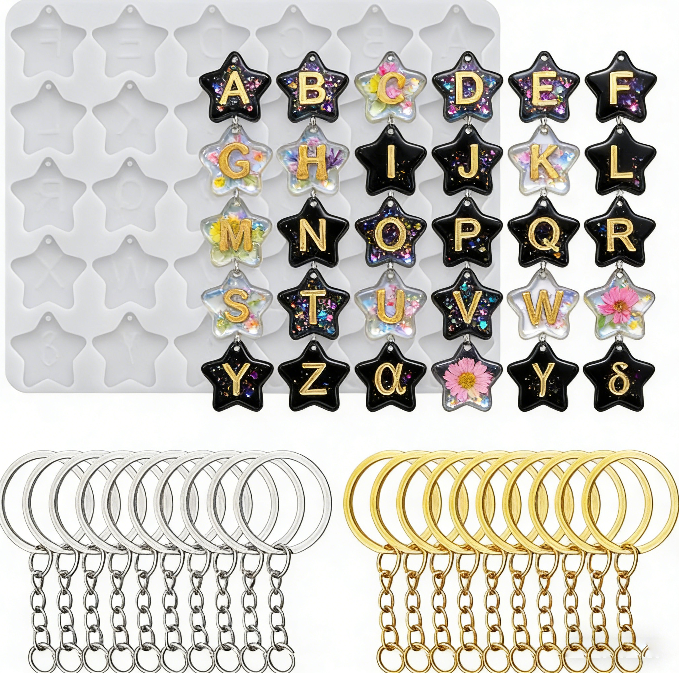 26-Letter Star Pendant with Hole Resin Mold & 10pcs Keyring Accessories