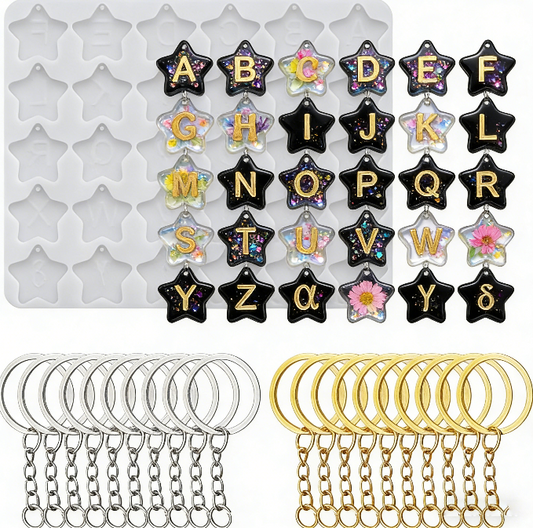 26-Letter Star Pendant with Hole Resin Mold & 10pcs Keyring Accessories