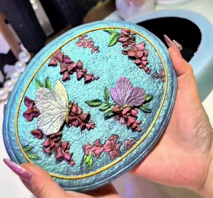 Handmade Large-Size Resin Mold for an Oval Storage Box Featuring a Butterfly Gently Kissing a Flower