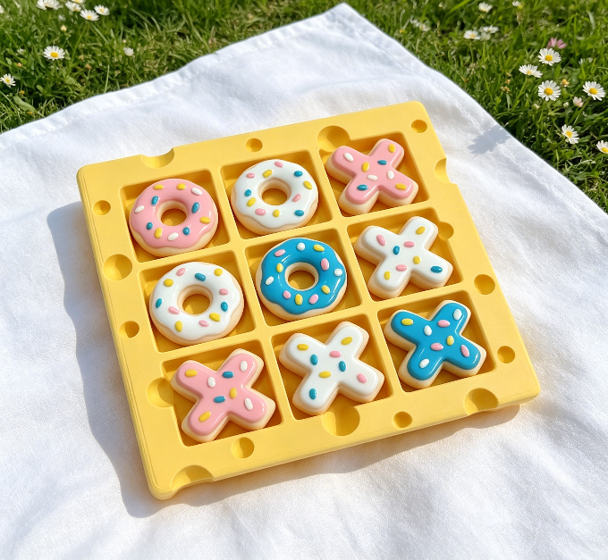 Handmade Cut Donut Tic Tac Toe Resin Mold Set【A cheese-shaped board+donut-inspired game pieces】