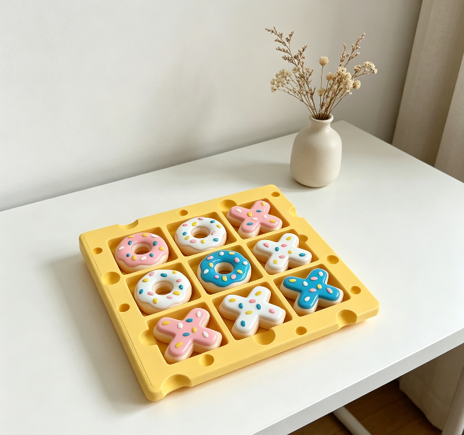 Handmade Cut Donut Tic Tac Toe Resin Mold Set【A cheese-shaped board+donut-inspired game pieces】