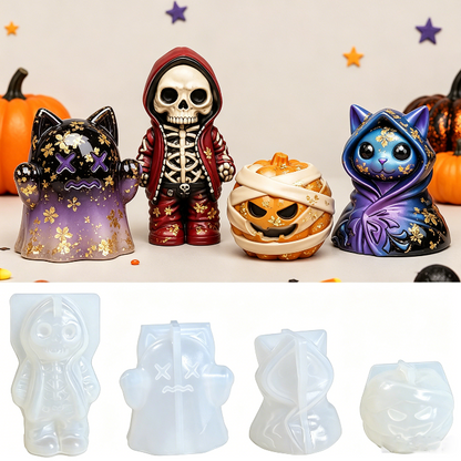 4pcs  Cat Ghost & Pumpkin Cloak Cat Skeleton Figurine Resin Mold