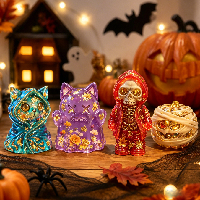 4pcs  Cat Ghost & Pumpkin Cloak Cat Skeleton Figurine Resin Mold