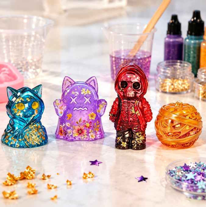 4pcs  Cat Ghost & Pumpkin Cloak Cat Skeleton Figurine Resin Mold