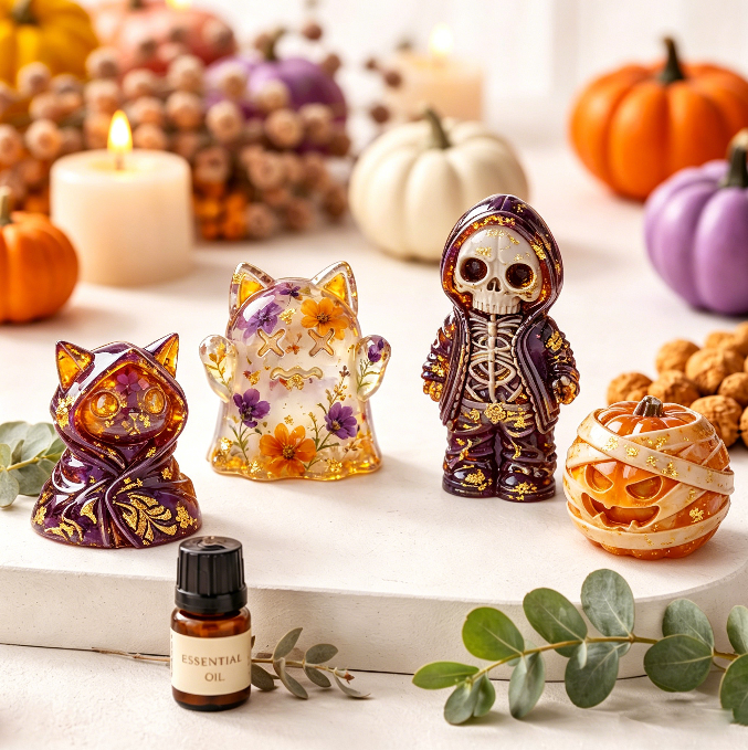 4pcs  Cat Ghost & Pumpkin Cloak Cat Skeleton Figurine Resin Mold