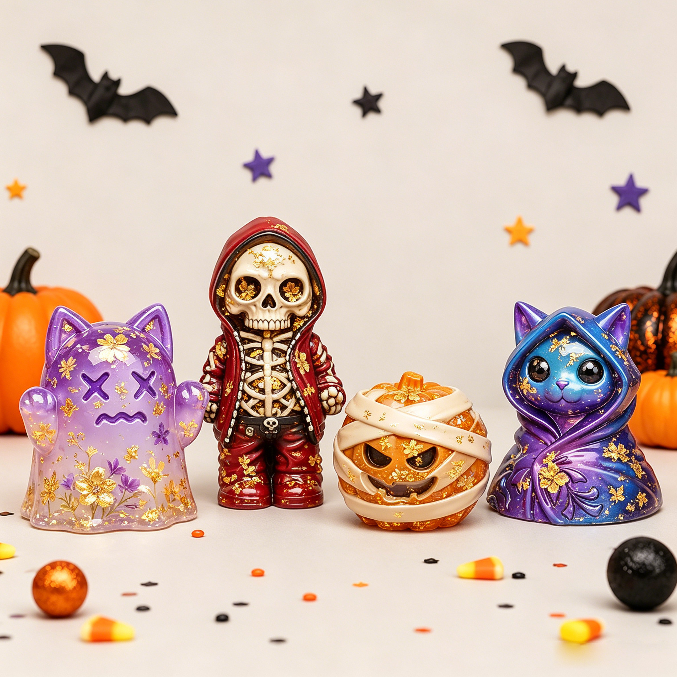 4pcs  Cat Ghost & Pumpkin Cloak Cat Skeleton Figurine Resin Mold