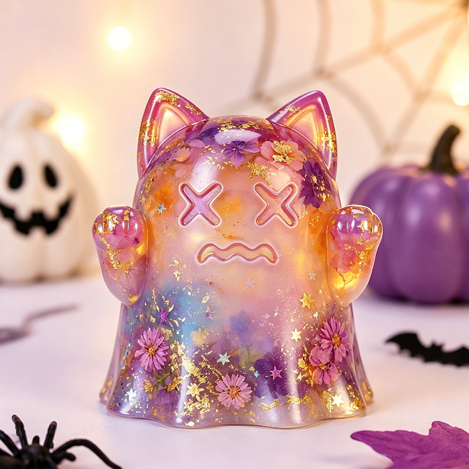 4pcs  Cat Ghost & Pumpkin Cloak Cat Skeleton Figurine Resin Mold