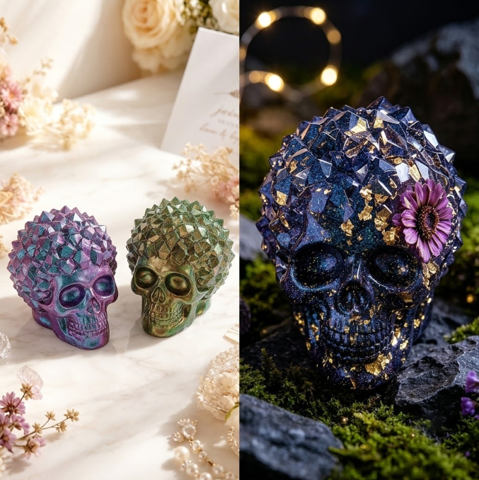 Crystal Cluster Diamond Skull Figurine Resin Mold