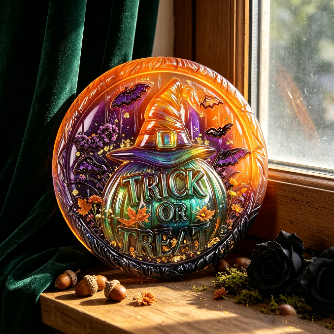 Trick or Treat Witch Hat Round Wall Hanging Resin Mold