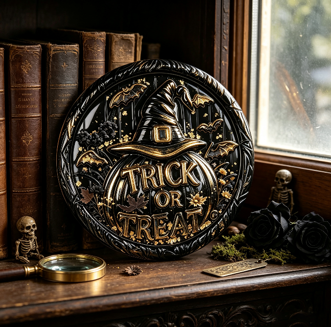 Trick or Treat Witch Hat Round Wall Hanging Resin Mold