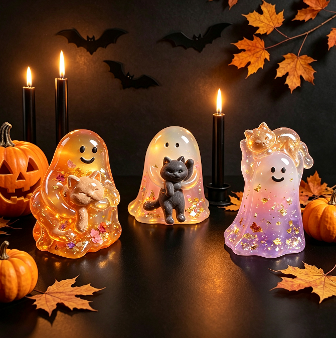 Cute Ghost Hugging Kitten Figurine Resin Mold