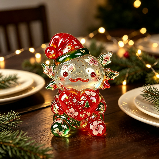 Handmade Christmas Hat-Wearing Large Axolotl Holding a Heart Ornament Resin Mold