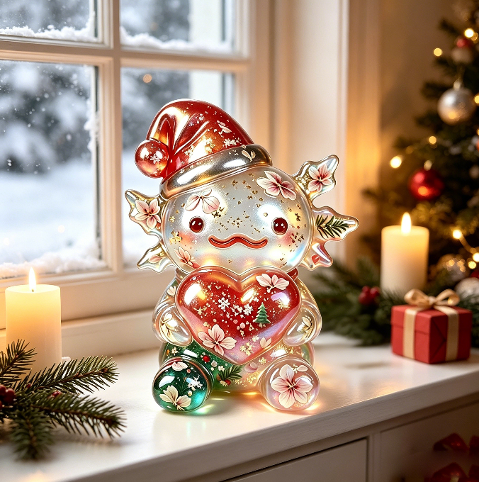 Handmade Christmas Hat-Wearing Large Axolotl Holding a Heart Ornament Resin Mold