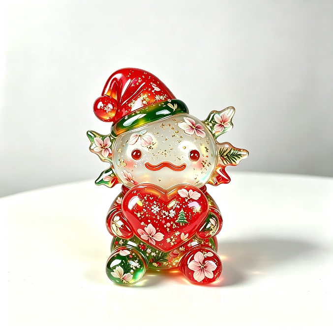 Handmade Christmas Hat-Wearing Large Axolotl Holding a Heart Ornament Resin Mold