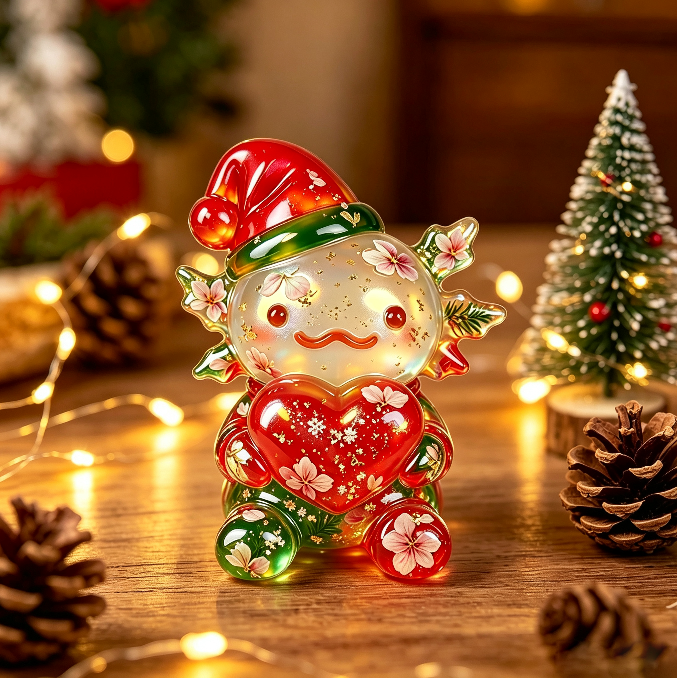 Handmade Christmas Hat-Wearing Large Axolotl Holding a Heart Ornament Resin Mold