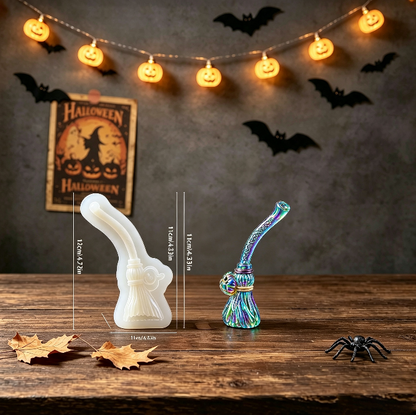 Witch Skull with Crooked Head Magic Broom Half-Relief Resin Mold