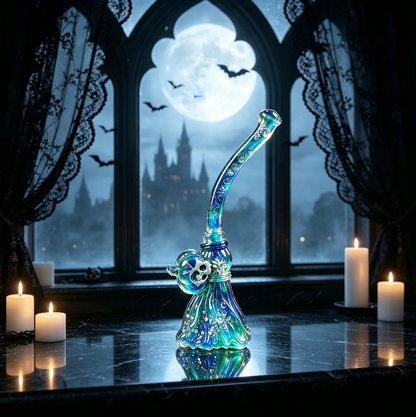 Witch Skull with Crooked Head Magic Broom Half-Relief Resin Mold