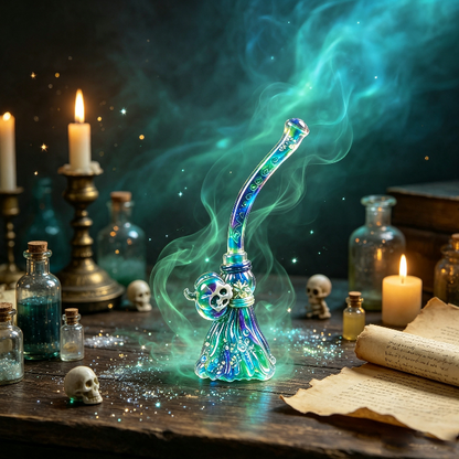 Witch Skull with Crooked Head Magic Broom Half-Relief Resin Mold