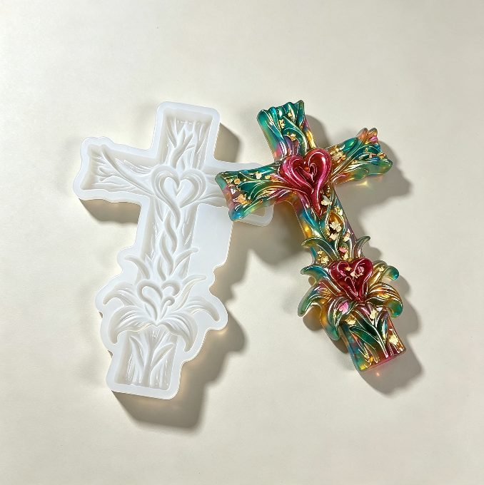 Lily-Wrapped Cross Figurine Resin Mold