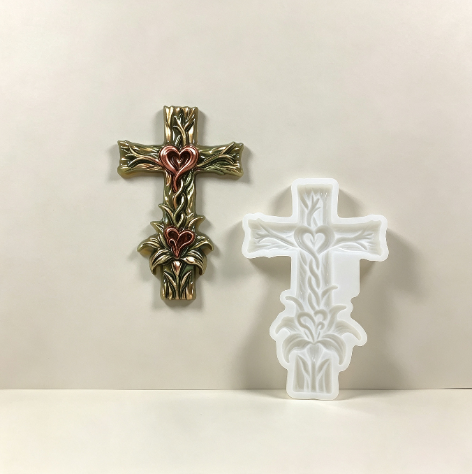 Lily-Wrapped Cross Figurine Resin Mold