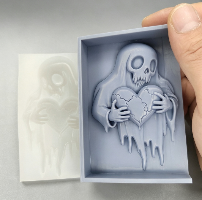 Sad Skull Ghost Holding Broken Heart Figurine Resin Mold