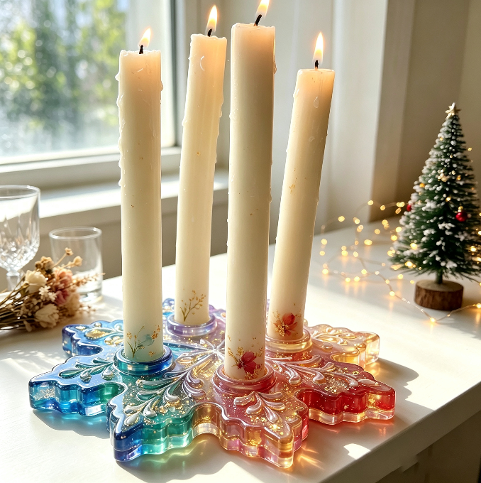 Large 4-Hole Snowflake Candle Holder Resin Mold