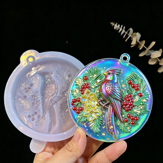 Handmade Red Cardinal Holly Christmas Round Ornament Resin Mold