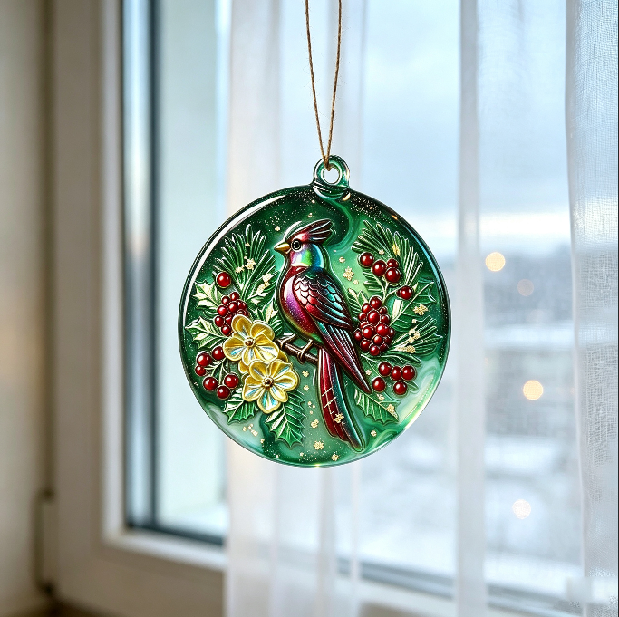 Handmade Red Cardinal Holly Christmas Round Ornament Resin Mold
