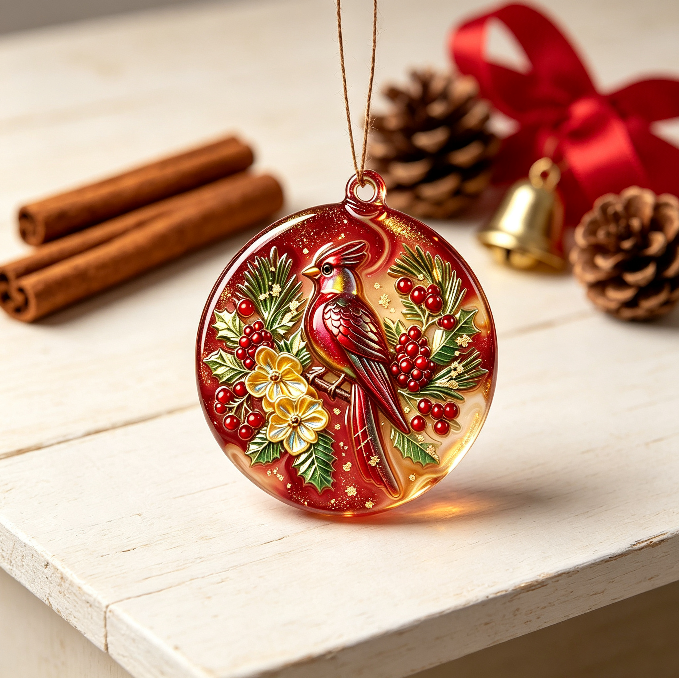 Handmade Red Cardinal Holly Christmas Round Ornament Resin Mold