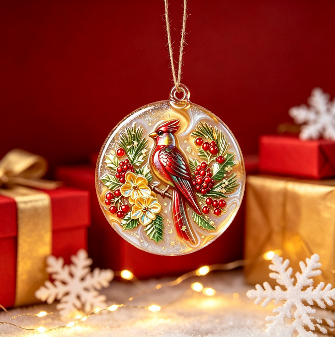 Handmade Red Cardinal Holly Christmas Round Ornament Resin Mold